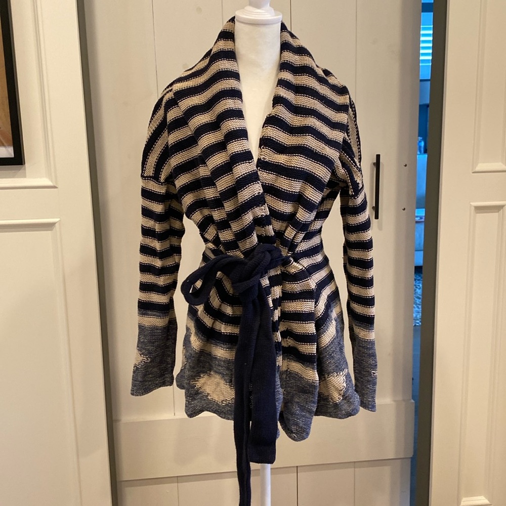 LRL Ralph Lauren Cream Navy Stripe Aztec knit shawl collar wrap Sweater - L